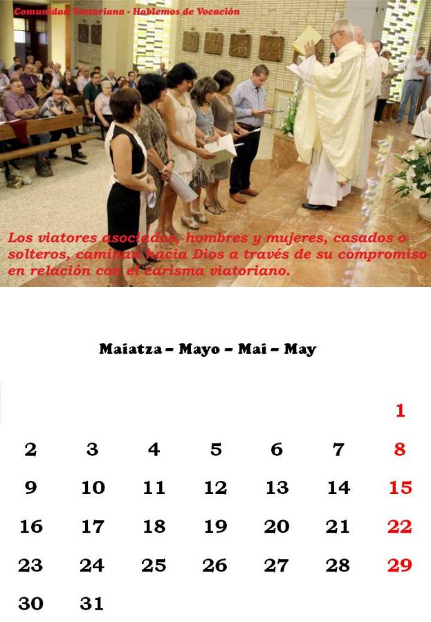 Calendario del mes de mayo de la comunidad viatoriana
